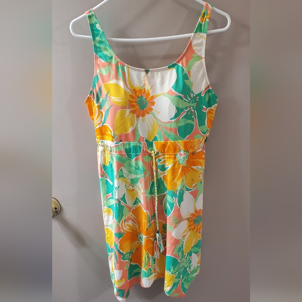 Floral One Piece Swimsuit - Multicolor Orange, Green And Peach. Sz 10